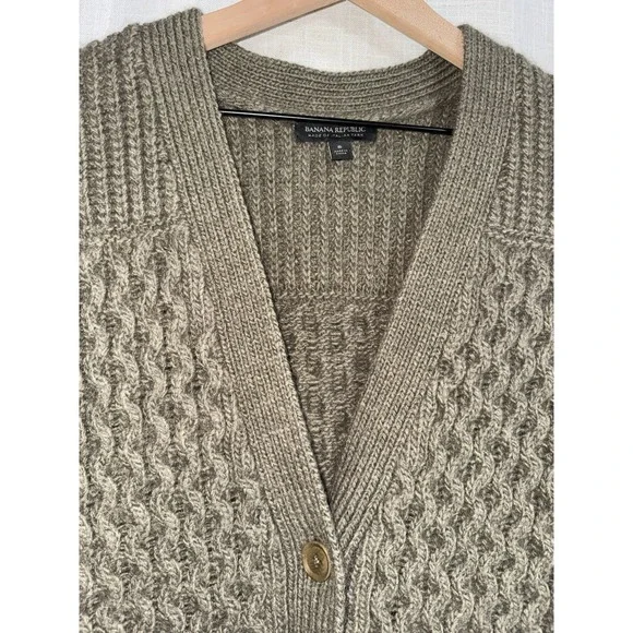 BANANA REPUBLIC Olive Cable Women's S Wool Alpaca Italian Cardigan‎ Sweater Knit - Picture 2 of 7